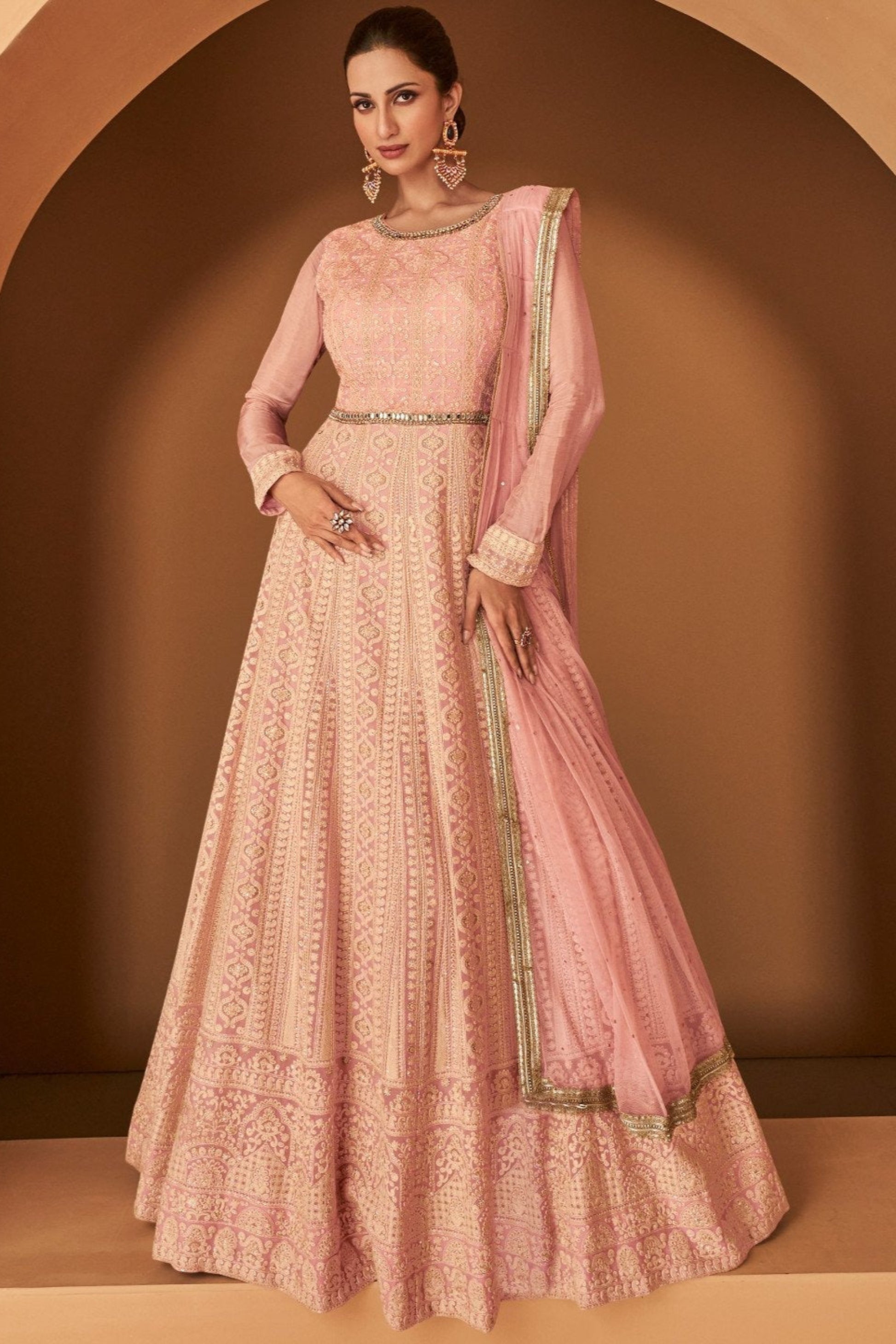Peach Anarkali Gown With Net Dupatta For Wedding Reception Party Wear