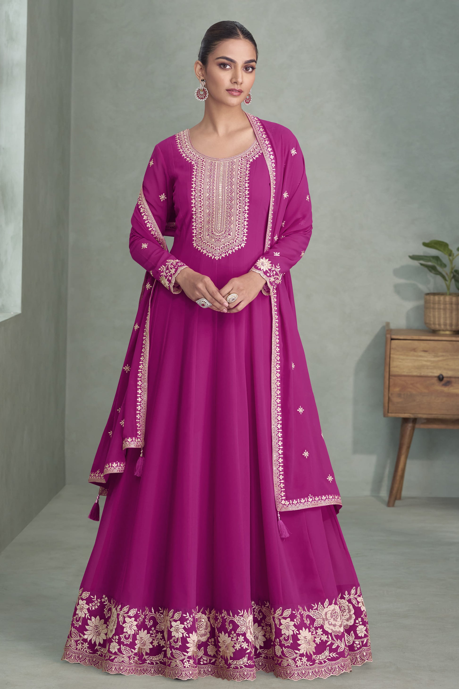 Pink Color Stitched Full Flared Long Anarkali Dupatta Gown for Women's 
