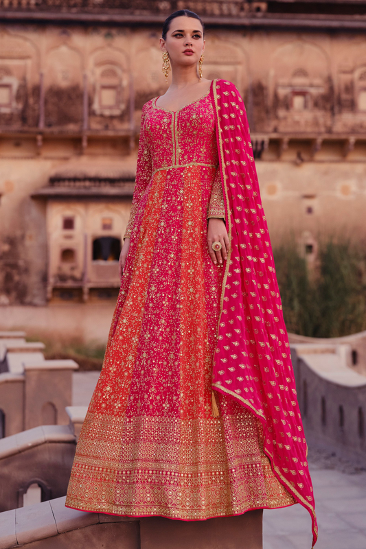 Pink Georgette Floor-Length Beautiful Anarkali Gown Suits For Festive Wear