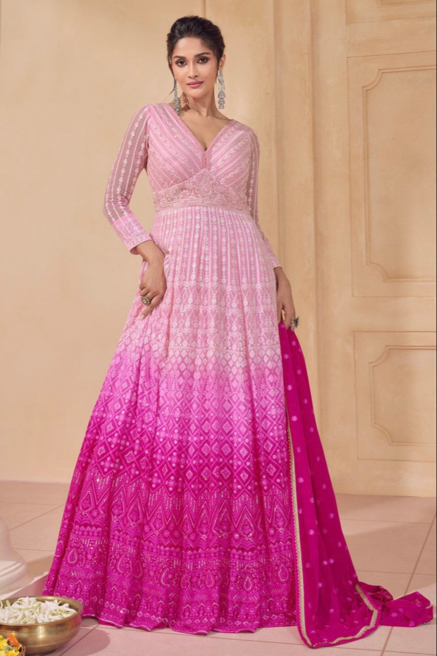 Pink-Red Georgette Full-Length Party Wear Anarkali Gown Dupatta Suit