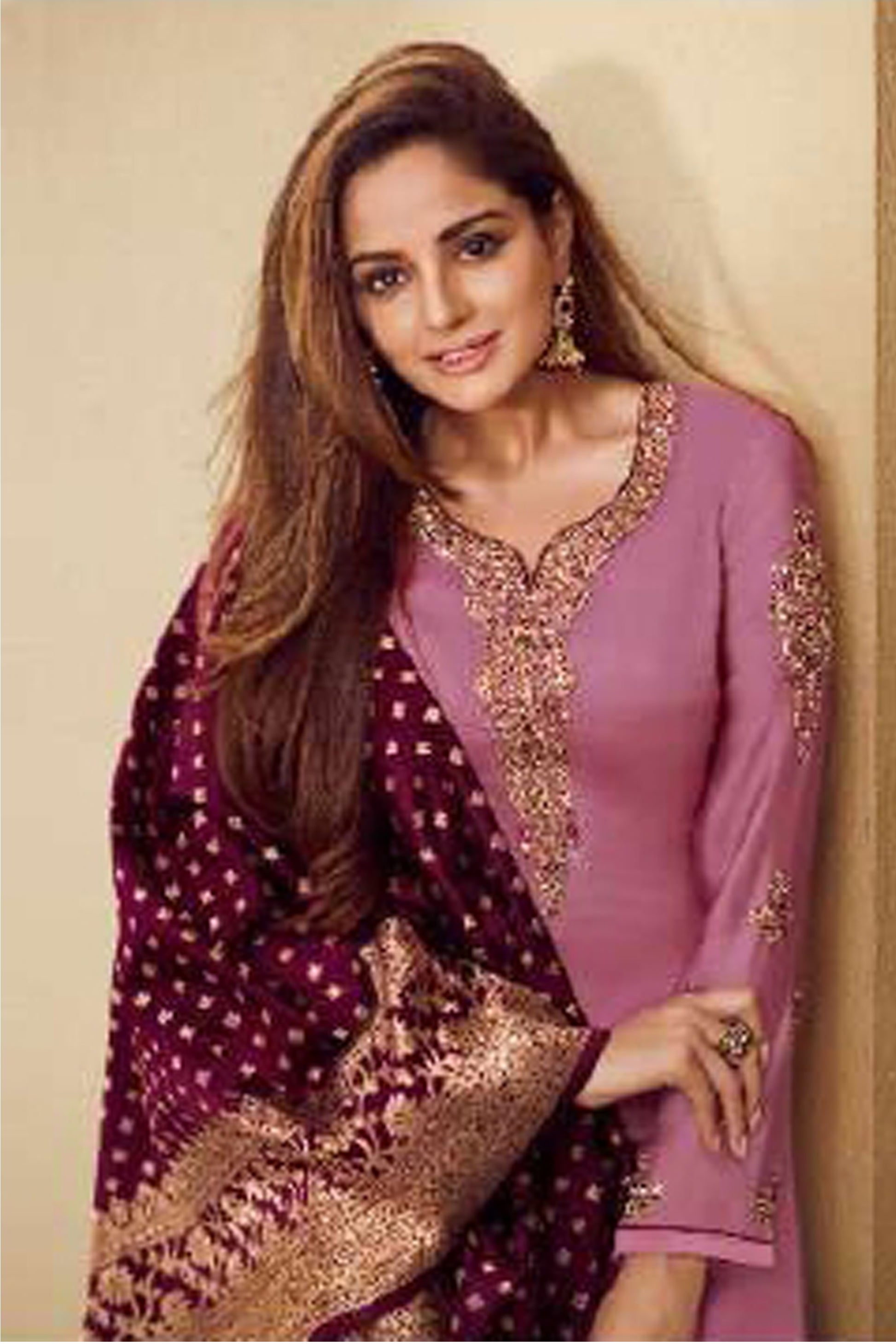 Bollywood Style Pink Satin Georgette  Embroidered Kurti Salwar Kameez For Comfort