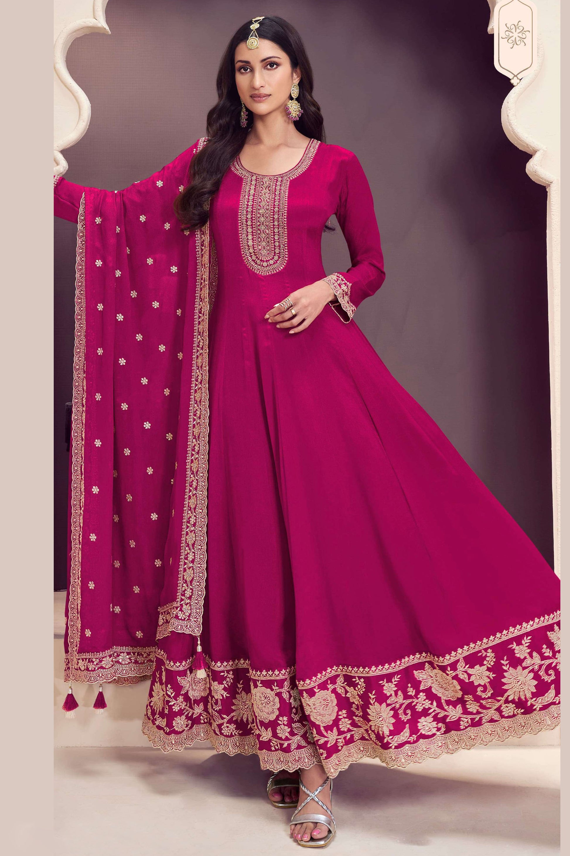 Pink Embroidery Worked Stitched Anarkali Dupatta Gown Suit