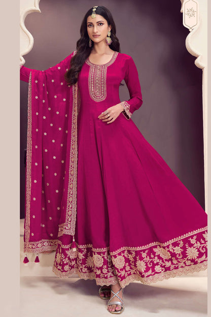 Pink Embroidery Worked Stitched Anarkali Dupatta Gown Suit