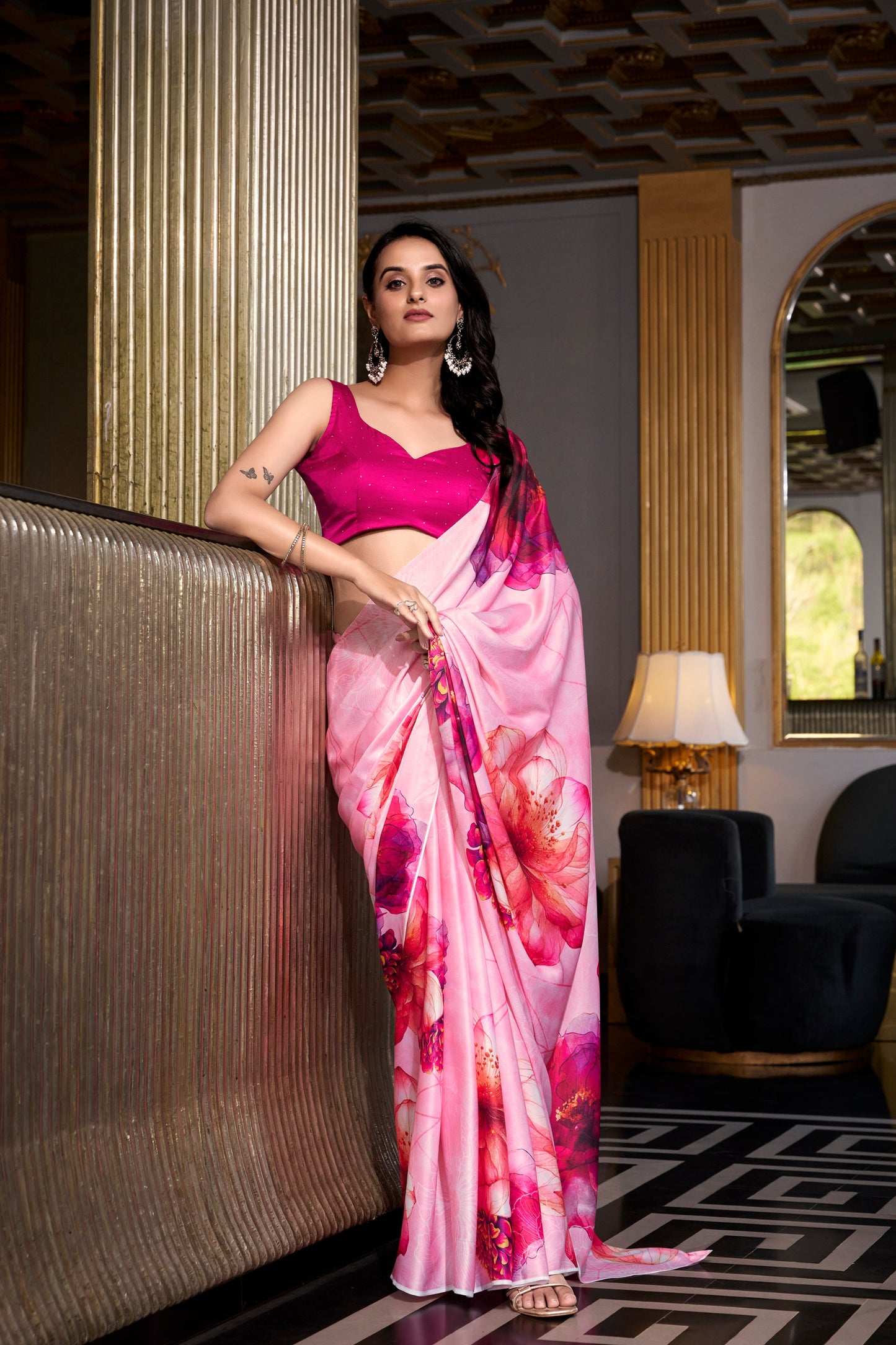 Pink Saree reflects softness and charm – perfect for graceful day functions.

