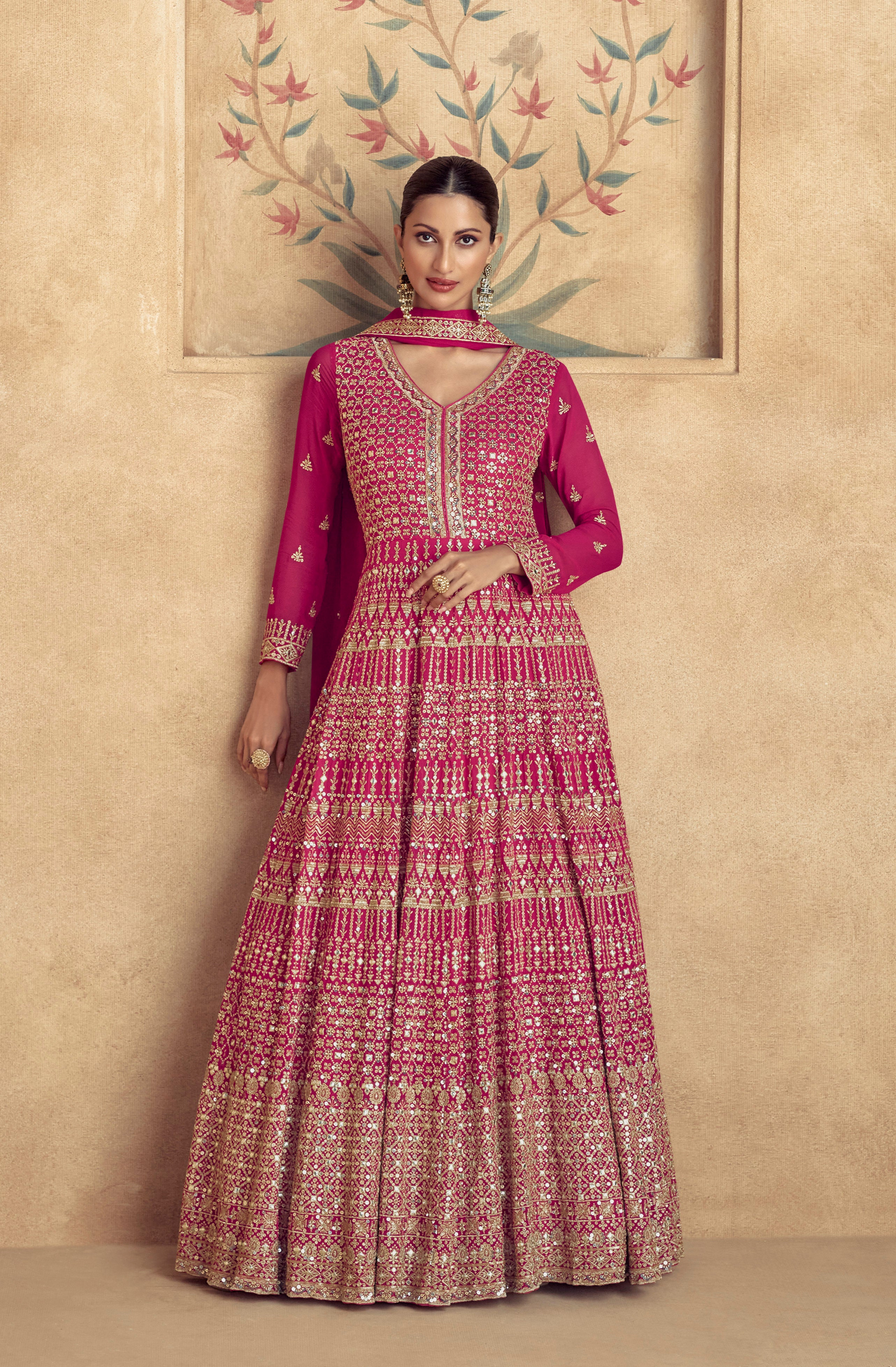 Pink Embroidered Anarkali Gown For Indian Wedding Reception