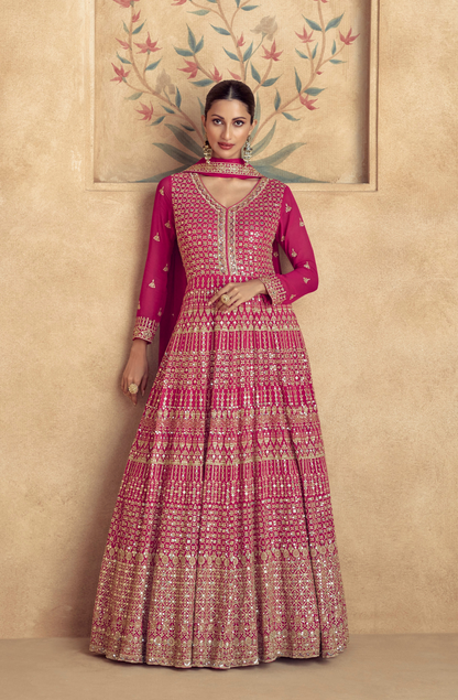 Pink Embroidered Anarkali Gown For Indian Wedding Reception