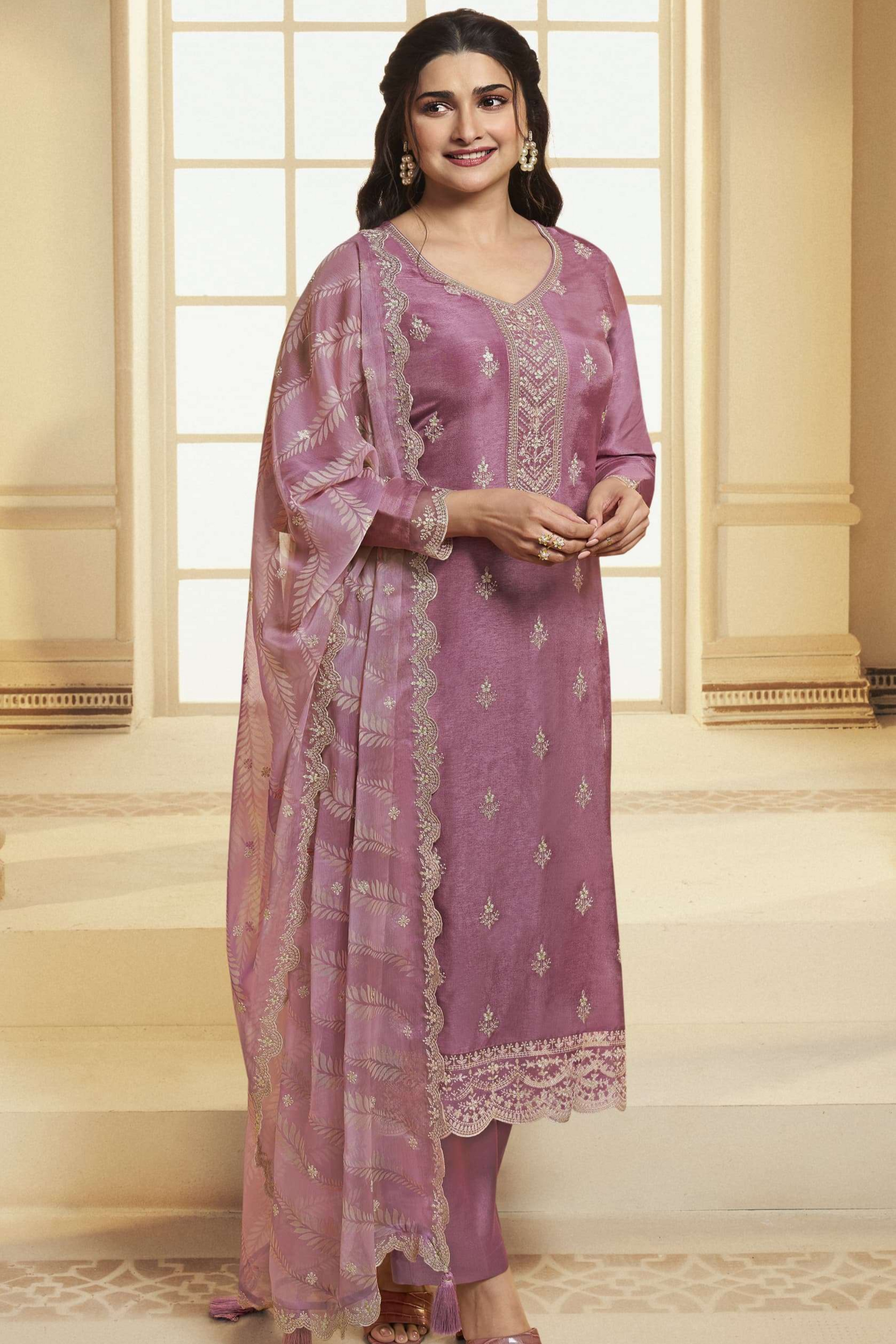 Pink Embroidered Dola Silk Salwar Kameez For Evening Parties