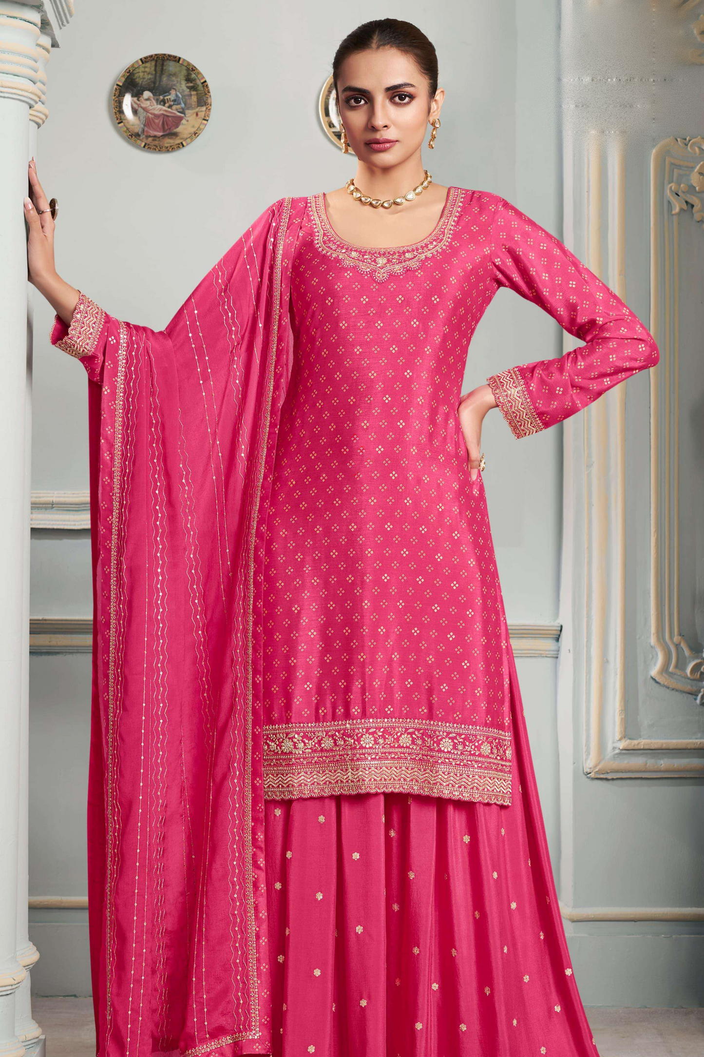 Magenta Pink Chinon Silk Sharara suit With Dupatta - Seyuri Designer Party Wear USA