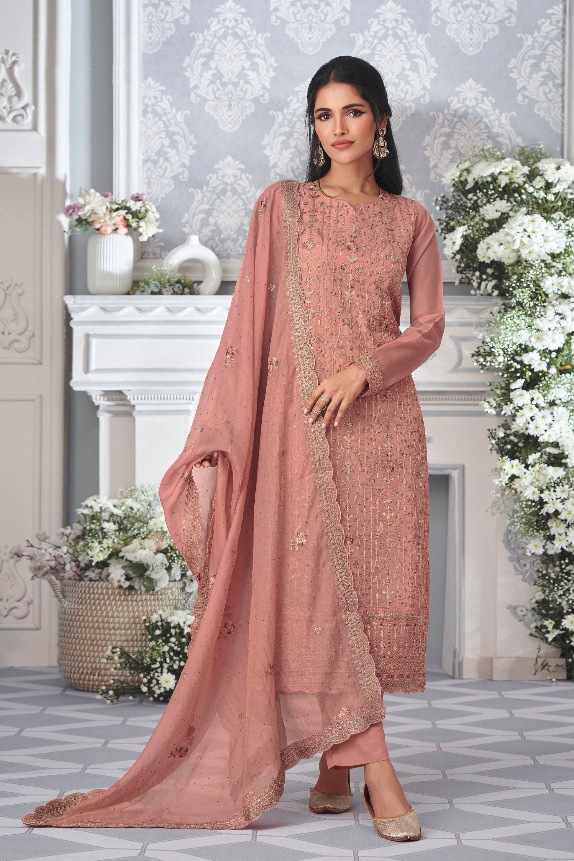 Pink Embroidered Ready-To-Wear Silk Salwar Kameez For Wedding