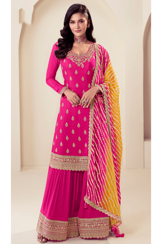 Pink Color Embroidery Worked Salwar Kameez Palazzo Dresses Ethnic Wear for Women USA

