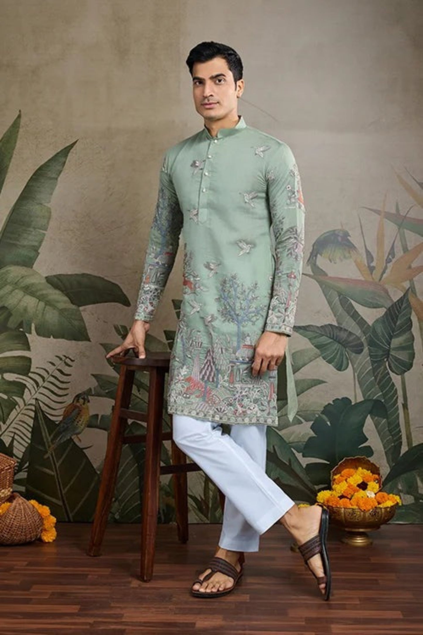 Premium Pista Green Color Viscose Silk Kurta Set For Man Real Mirror Work With Matching Pant