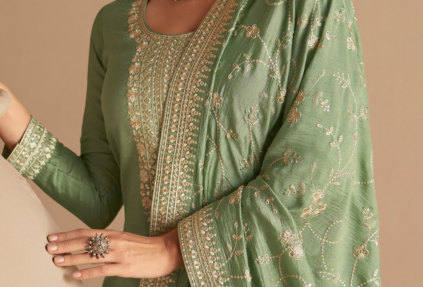 Kashmiri Embroidered Salwar Kameez in Pista Green Premium Silk Fabric Wedding Party Wear Indian Dress
