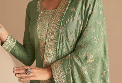 Kashmiri Embroidered Salwar Kameez in Pista Green Premium Silk Fabric Wedding Party Wear Indian Dress