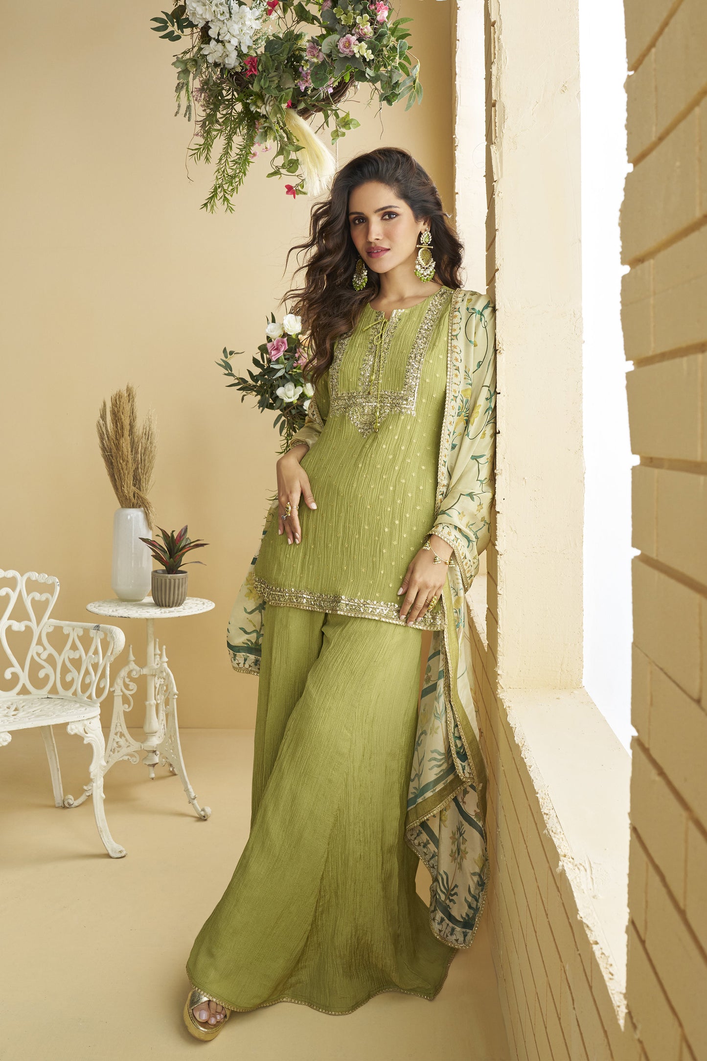 Pistachio Green Embroidered Designer Palazzo Suit 