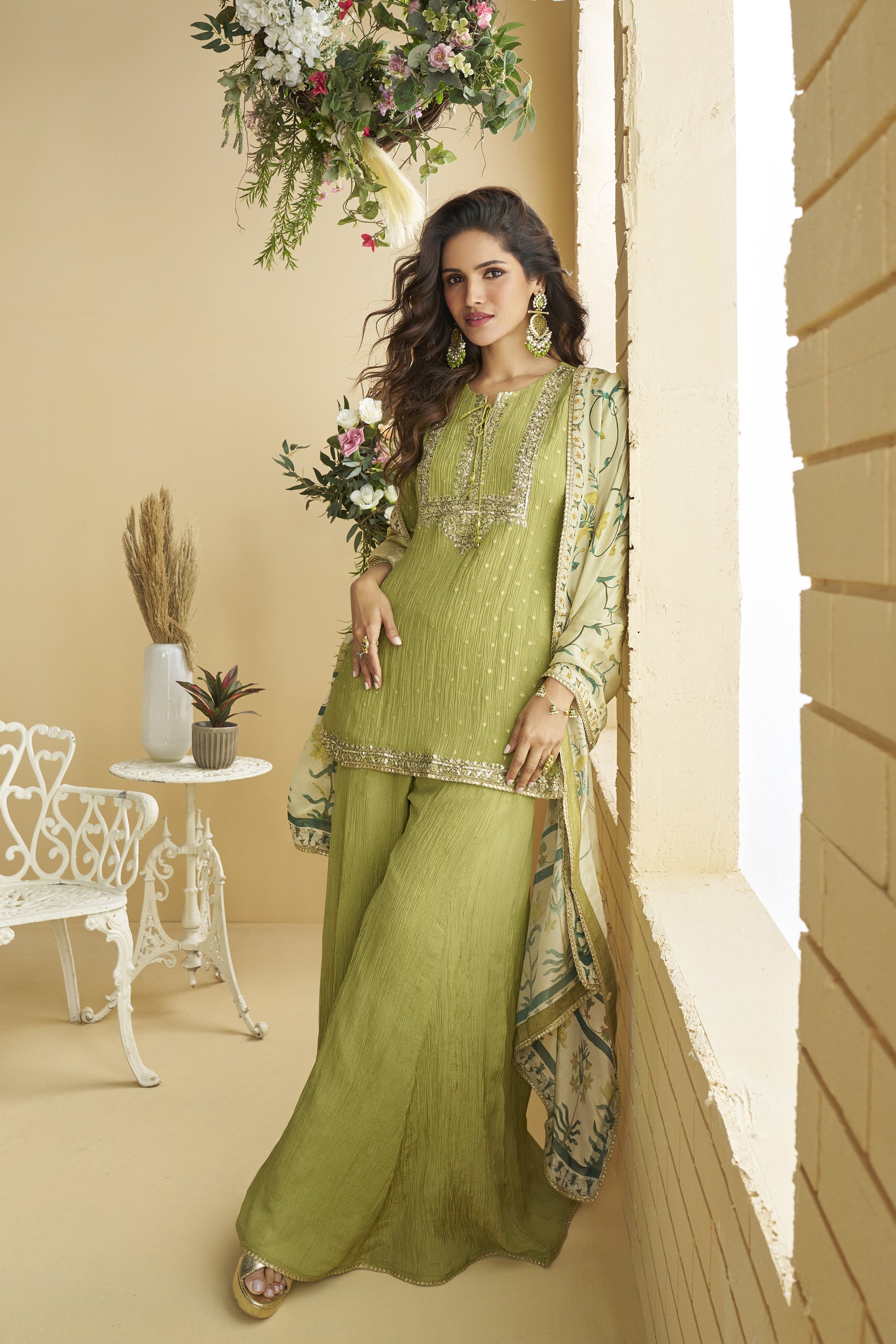 Pistachio Green Embroidered Designer Palazzo Suit 
