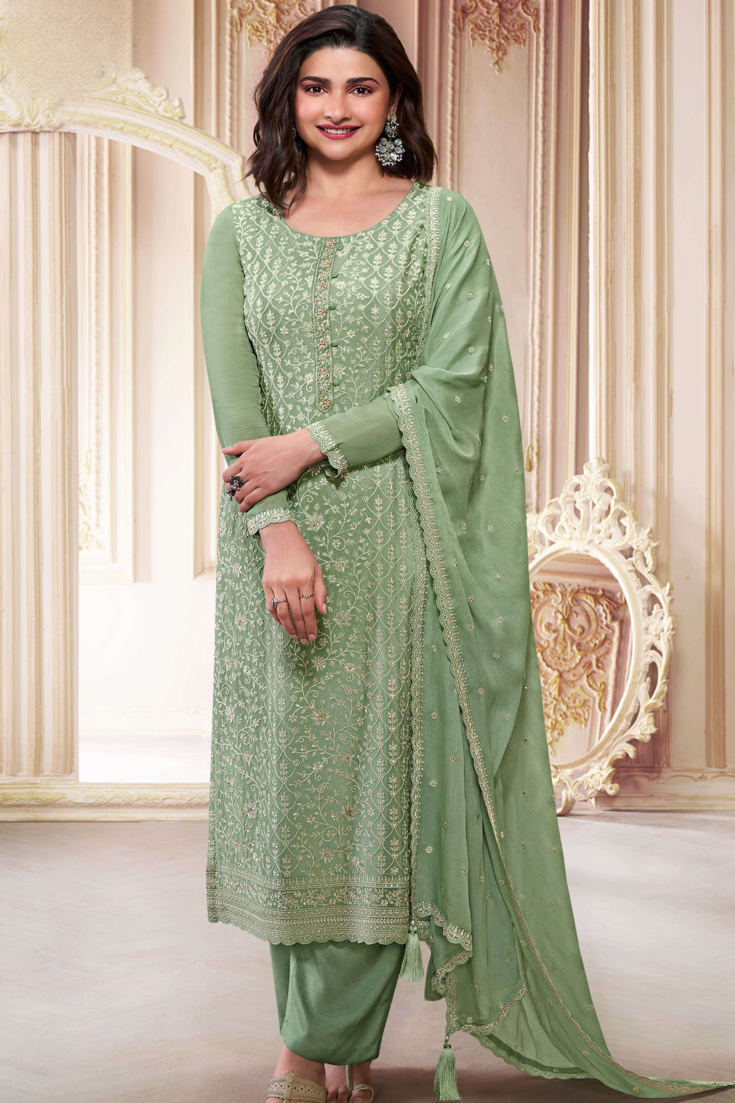 Pistachio Green Embroidery Banarasi Salwar Kameez For Weddings