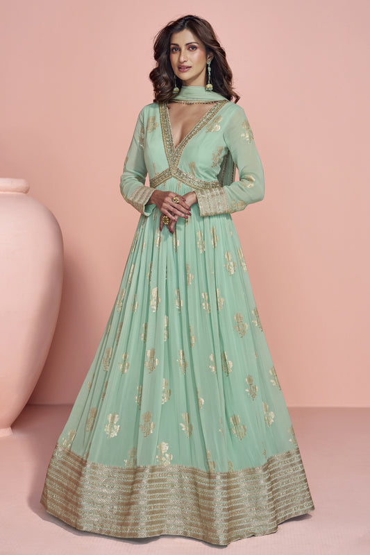 Traditional Wear Green Color Anarkali Gown With Dupatta Dresses