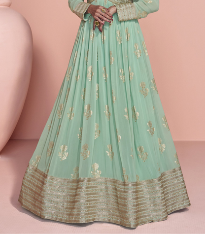 Traditional Wear Green Color Anarkali Gown With Dupatta Dresses