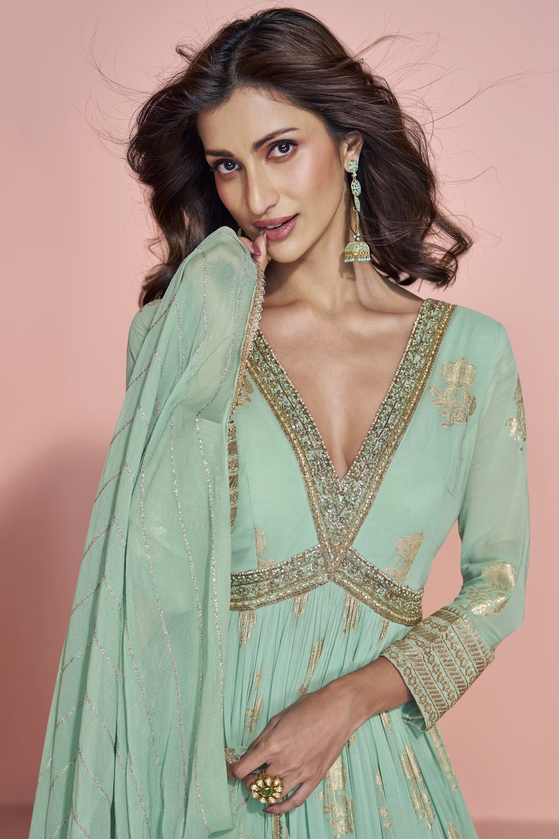 Traditional Wear Green Color Anarkali Gown With Dupatta Dresses