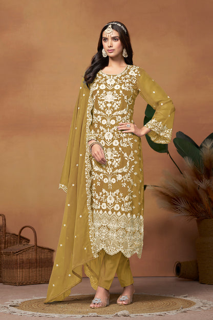 Yellow Designer Soft Organza Fabric Embroidery Work Salwar Kameez Suit