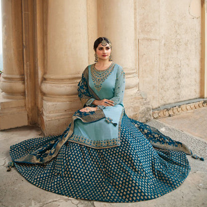 Blue Color Silk Jacquard  For Wedding-Reception-Party Wear Lehenga