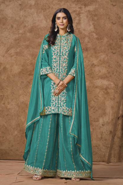 Modern Dark Teal Color Salwar Kameez Plazzo Suit With Dupatta For Evening Wear