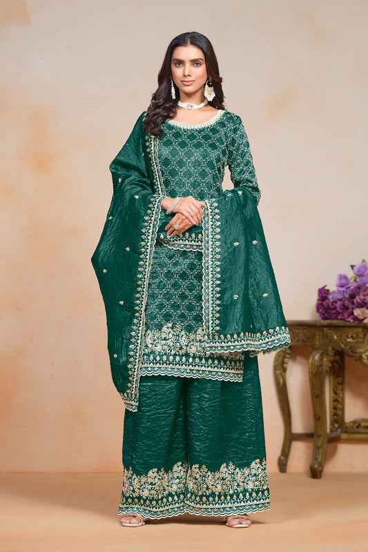 Beautiful Green Designer Organza Fabric Salwar Kameez Palazzo Suit
