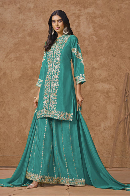 Modern Dark Teal Color Salwar Kameez Plazzo Suit With Dupatta For Evening Wear
