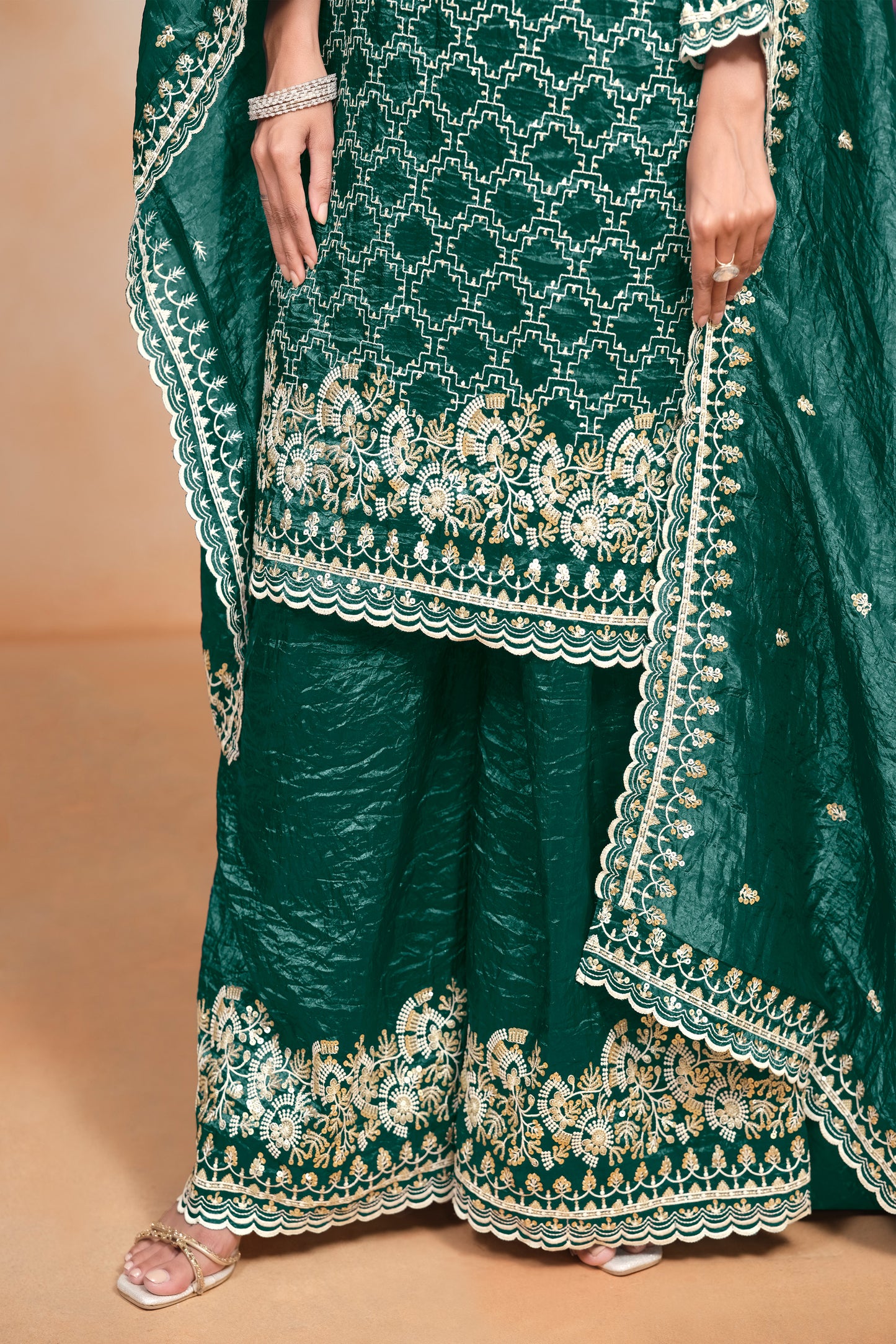 Beautiful Green Designer Organza Fabric Salwar Kameez Palazzo Suit