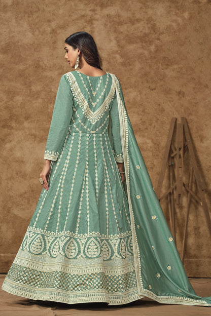 Affordable Dusty Green Color Anarkali Gown Suit For USA Customers