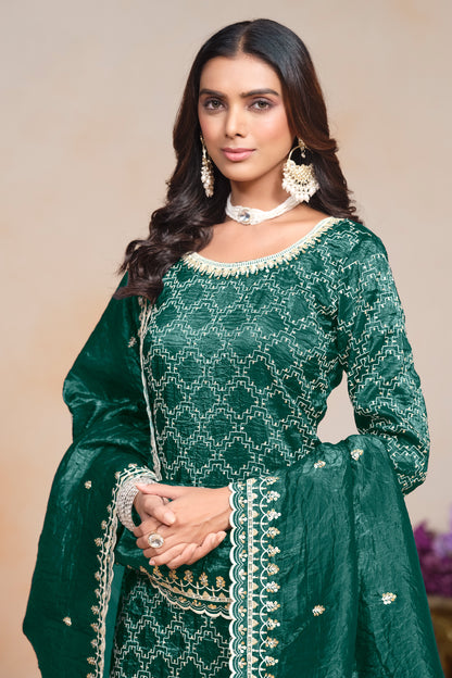 Beautiful Green Designer Organza Fabric Salwar Kameez Palazzo Suit