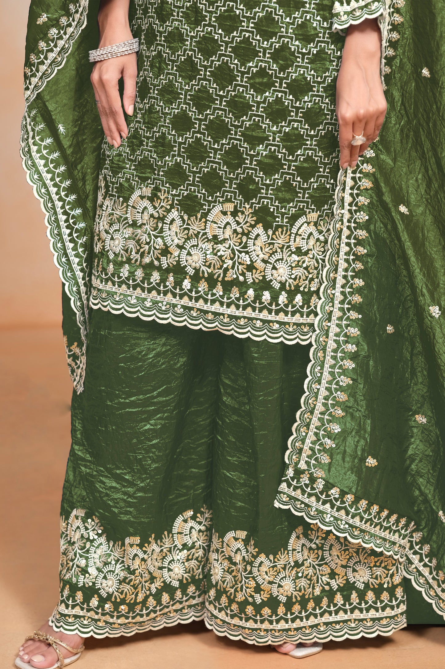 Wedding Designer Green Organza Fabric Mehendi Function Palazzo Suit