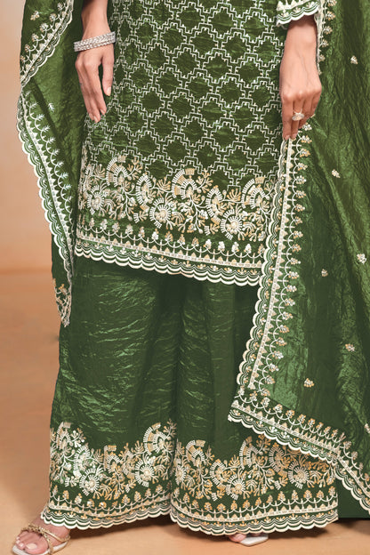 Wedding Designer Green Organza Fabric Mehendi Function Palazzo Suit