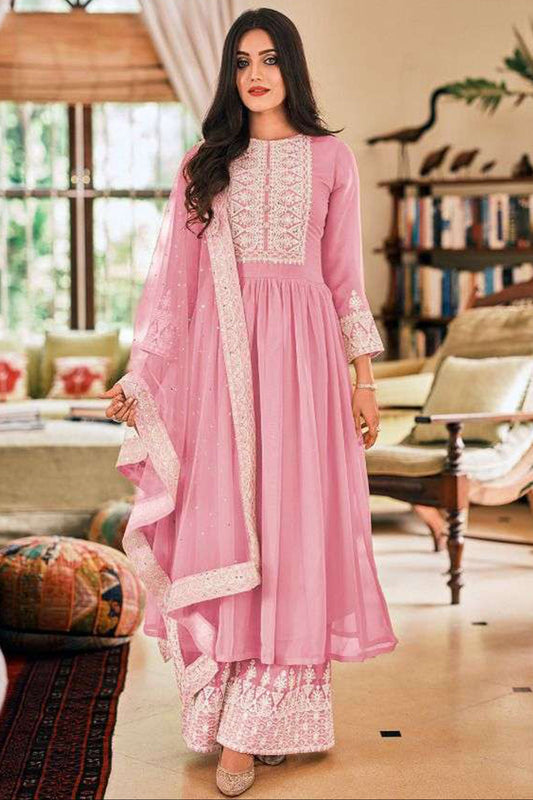 Embroidery Work Pink Georgette Kameez Palazzo Suit For Indian-Pakistan Wedding-Party