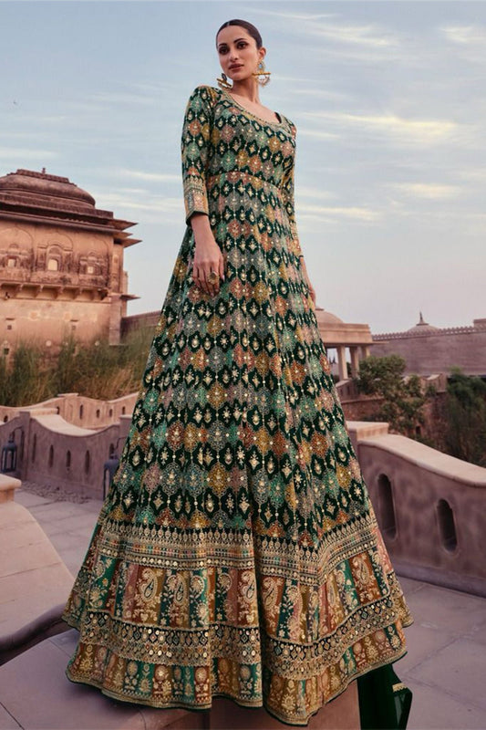 green Georgette Floor Full Length Anarkali Gown For Indian Festivals & Pakistani Weddings - Embroidery Work