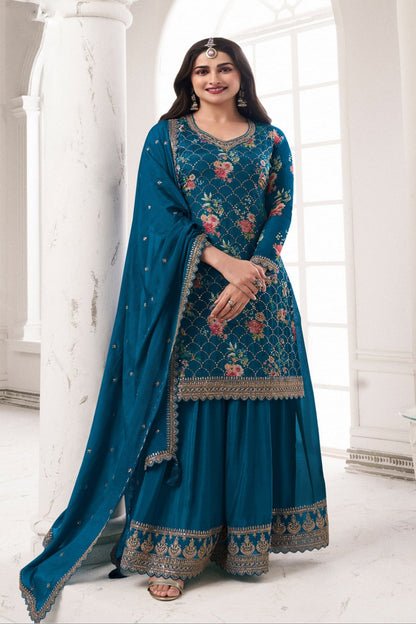 Embroidery Work & Print Work Chinon Silk Palazzo Suit For Wedding-Reception