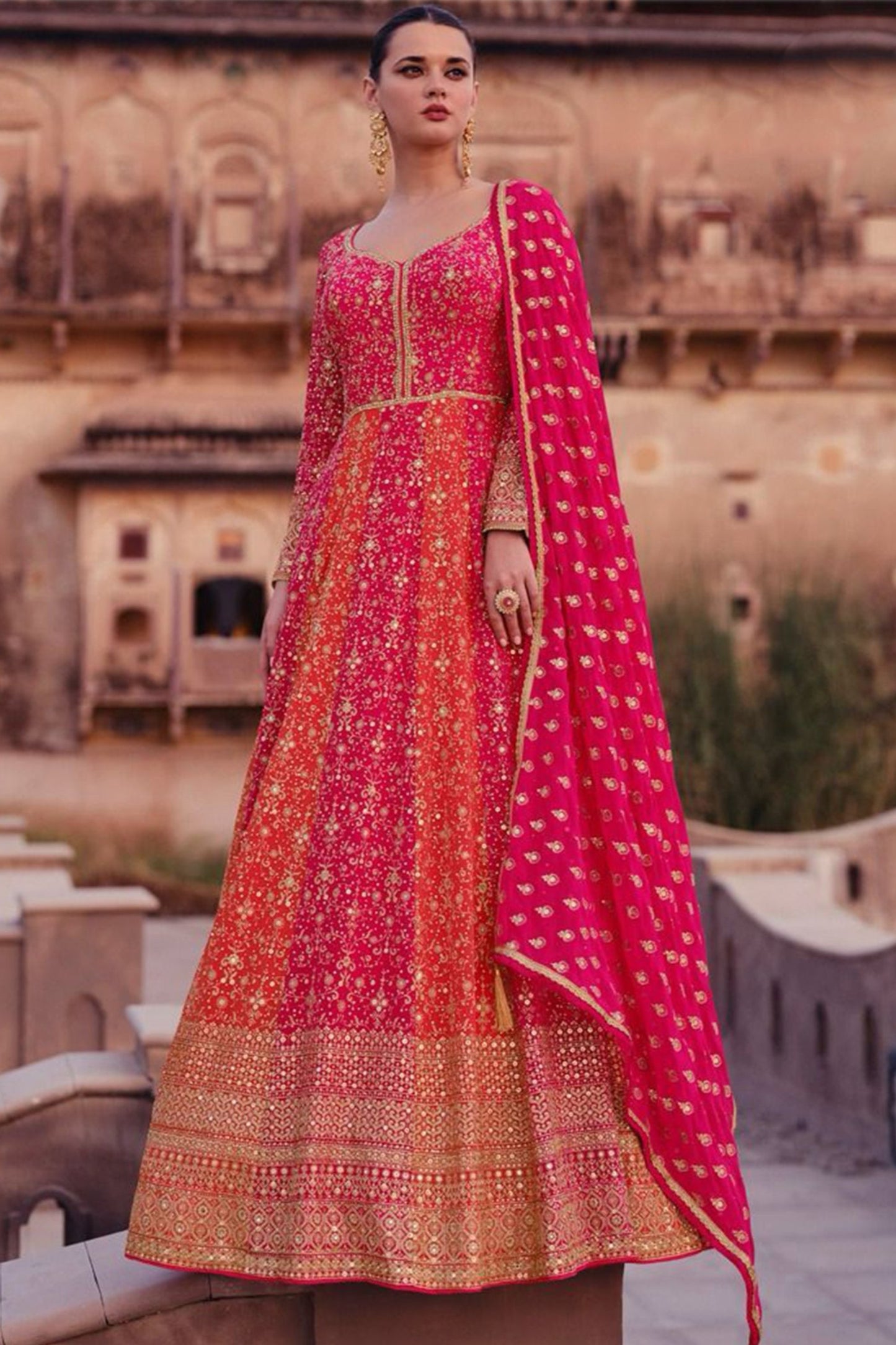 Pink Georgette Floor Full Length Anarkali Gown For Indian Festivals & Pakistani Weddings - Embroidery Work