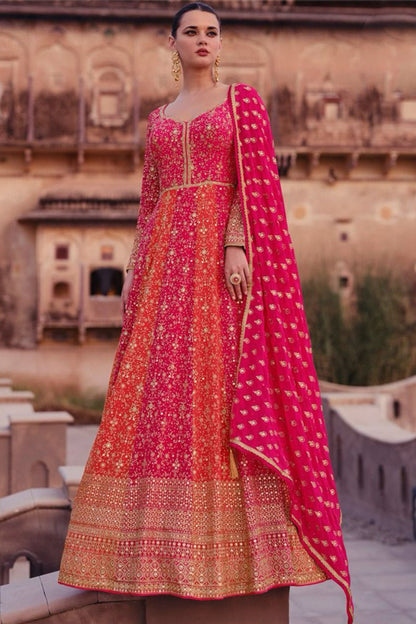 Pink Georgette Floor Full Length Anarkali Gown For Indian Festivals & Pakistani Weddings - Embroidery Work