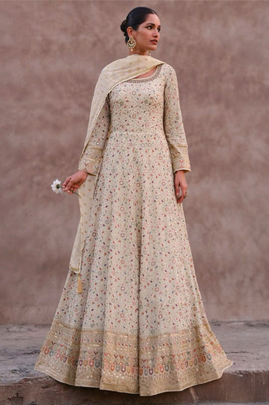 Off white Georgette Floor Full Length Anarkali Gown For Indian Festivals & Pakistani Weddings - Embroidery Work