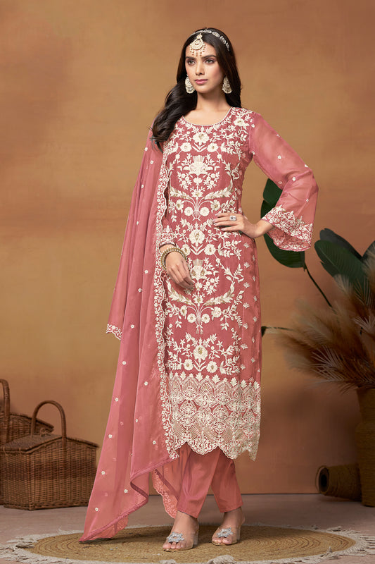 Indian Festival Designer Organza Fabric With Embroidered Salwar Suit