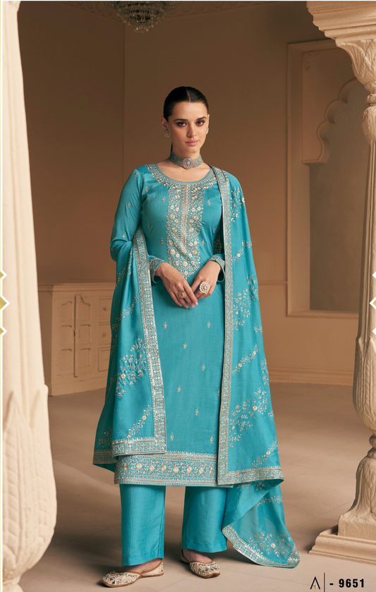 Sky Blue Chinon Silk Beautiful Embroidery Work Plazzo Type Salwar Kameez