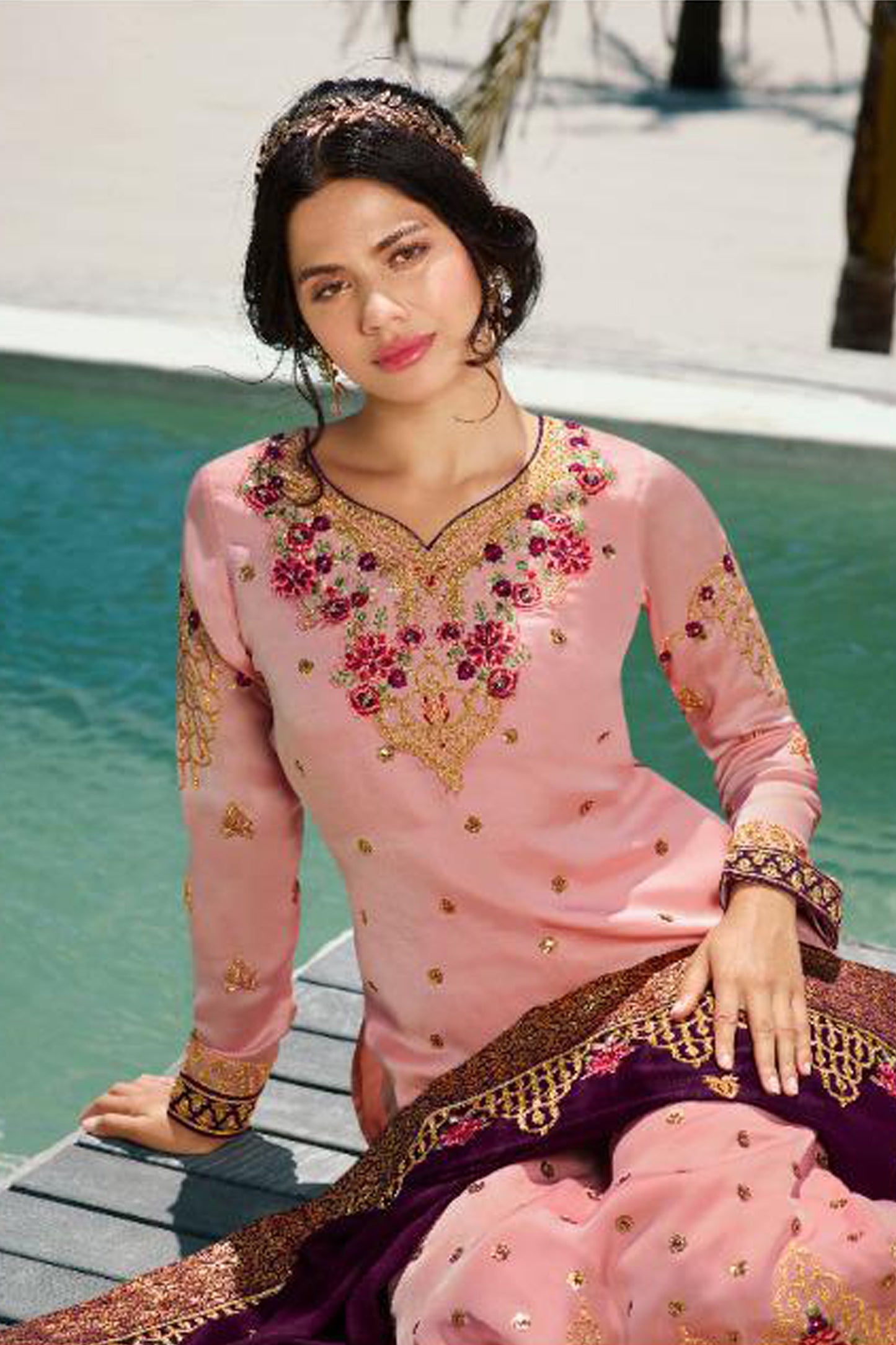 Pink Satin Georgette Salwar Kameez With Sequin Work - Size Angle Plus Size Available 