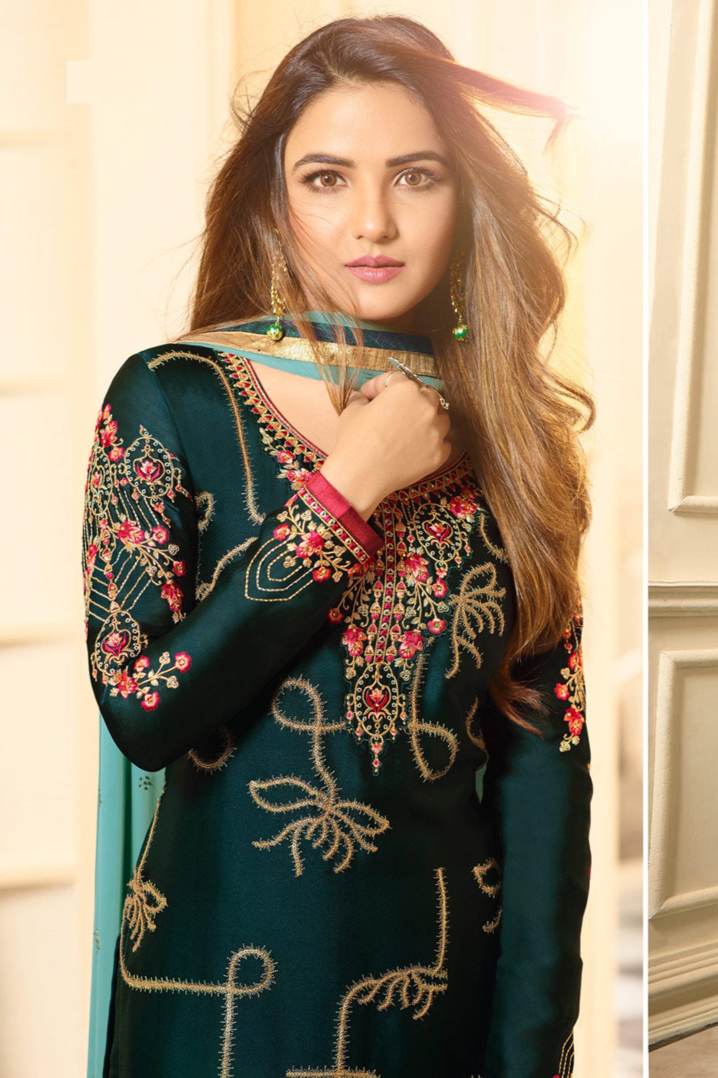 Bollywood Style Teal Green  Satin Georgette Salwar Kameez With Heavy Embroidery Work For Weddings and Parties