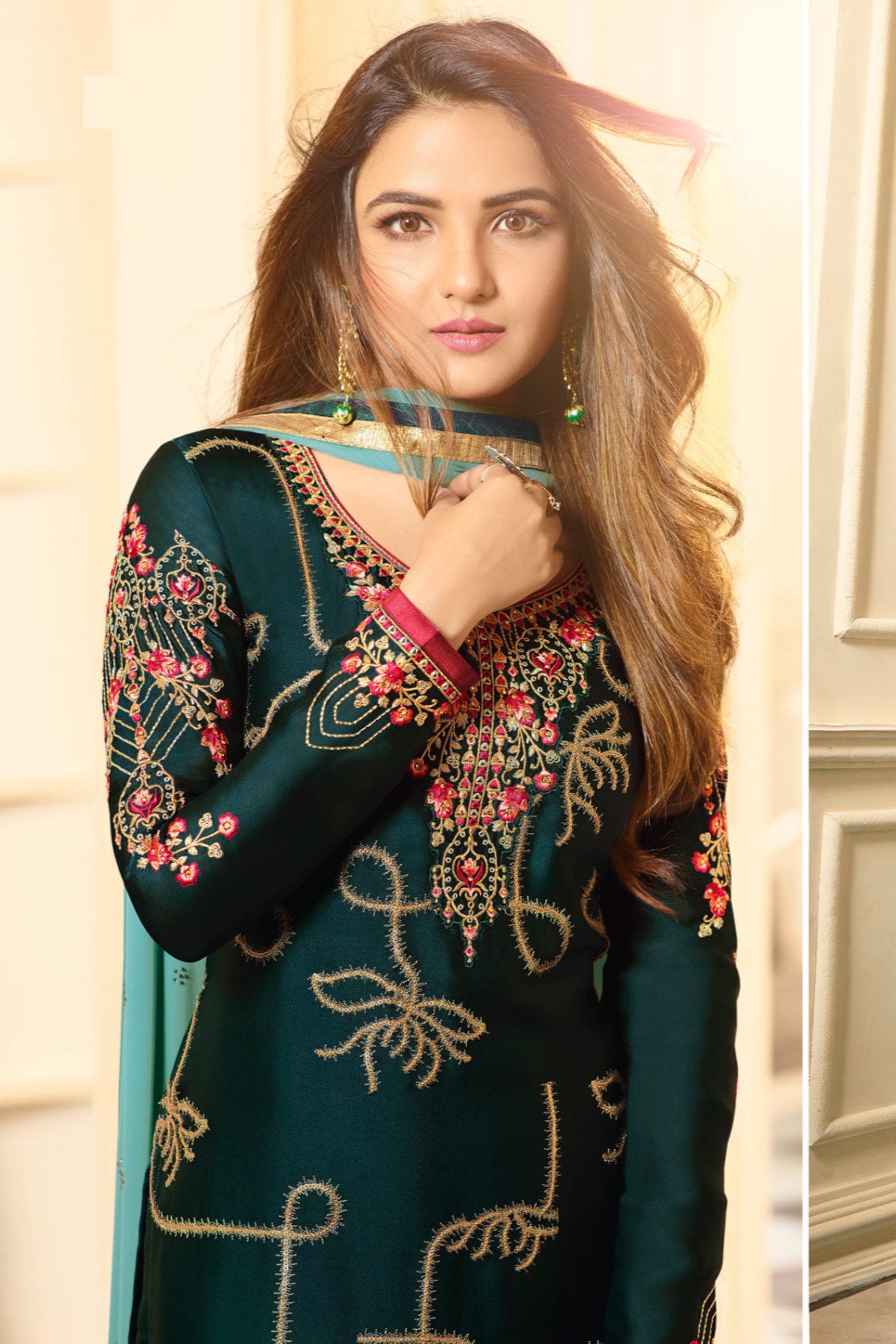 Bollywood Style Teal Green  Satin Georgette Salwar Kameez With Heavy Embroidery Work For Weddings and Parties