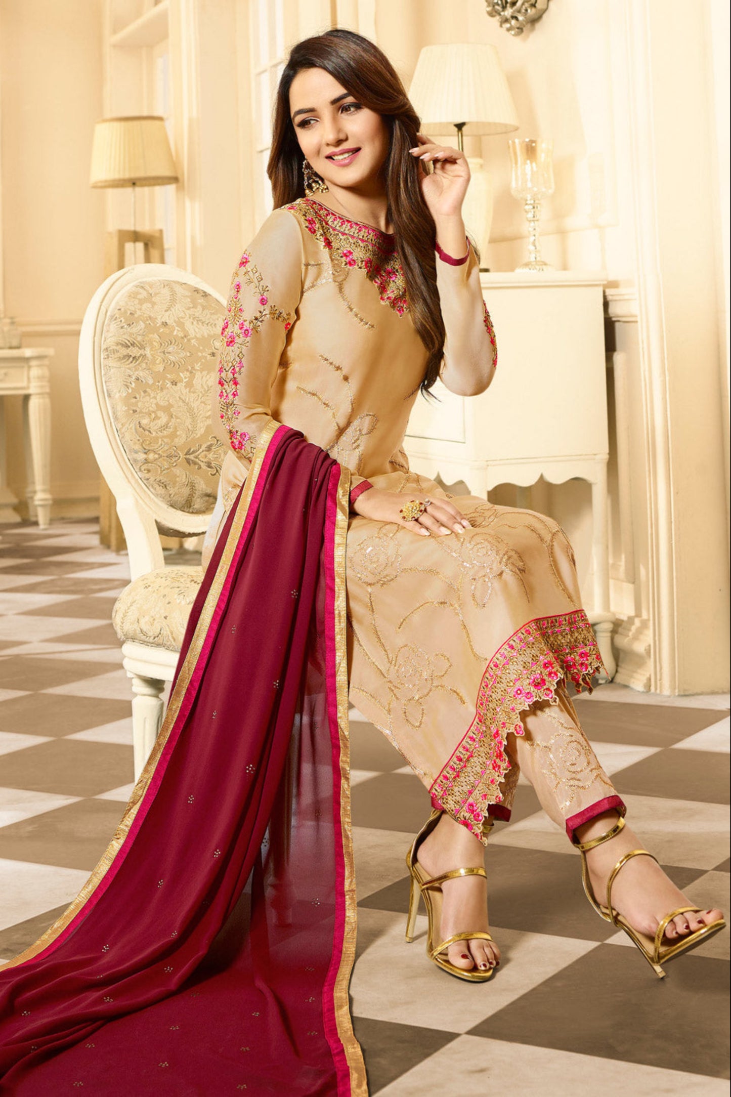 Light Yellow Satin Georgette Embroidered Plus Size Bollywood Short Salwar Kameez