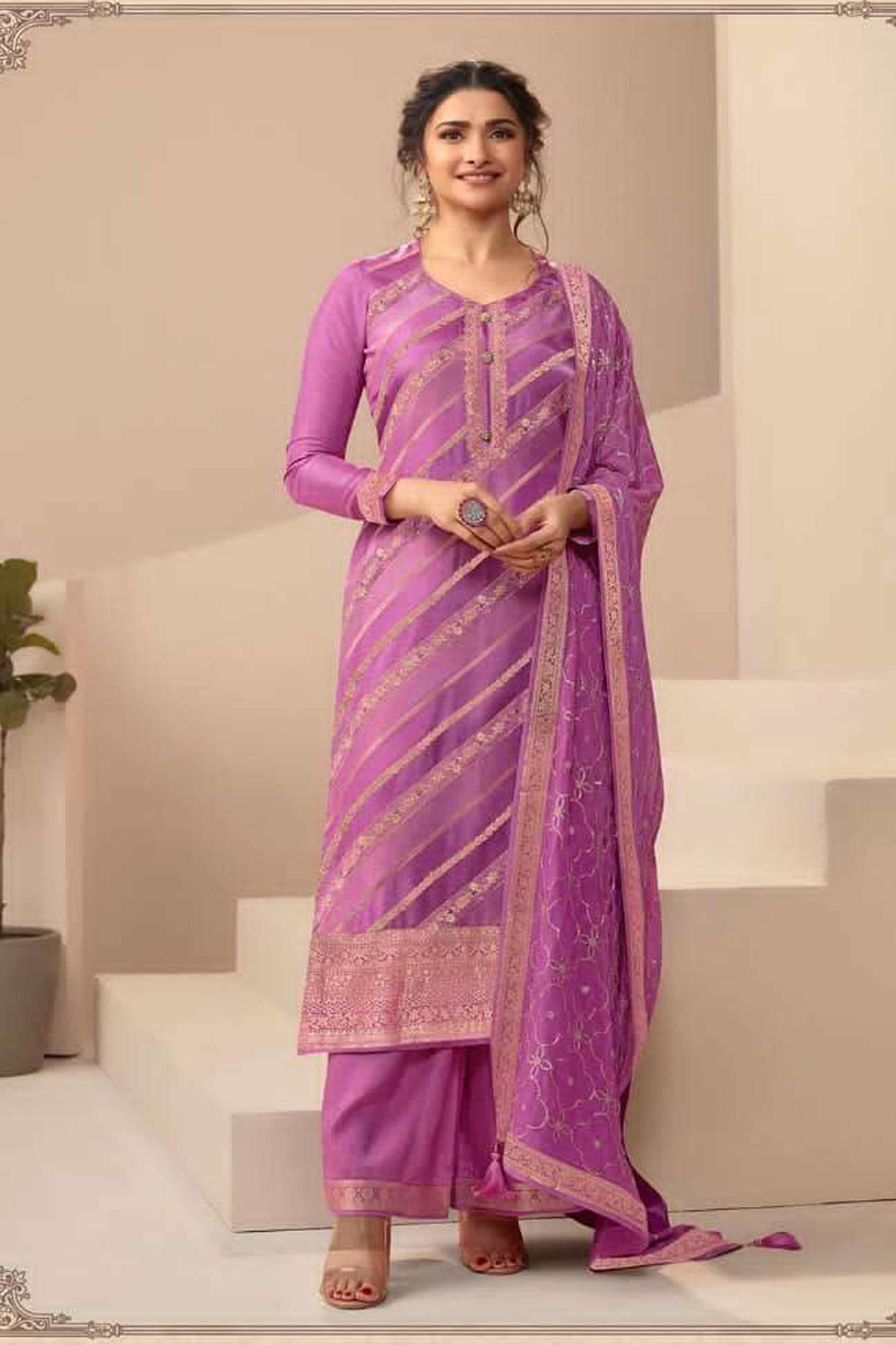Plus Size Purple Embroidered Salwar Kameez with Golden Zari Work - Front View - Ready to Wear Wedding Outfit