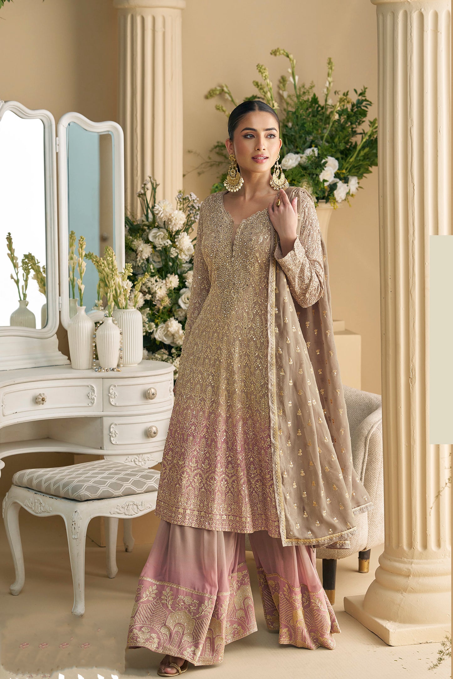 Embroidered Georgette Dupatta Dress Set - Pakistani Wedding Outfit For Women USA