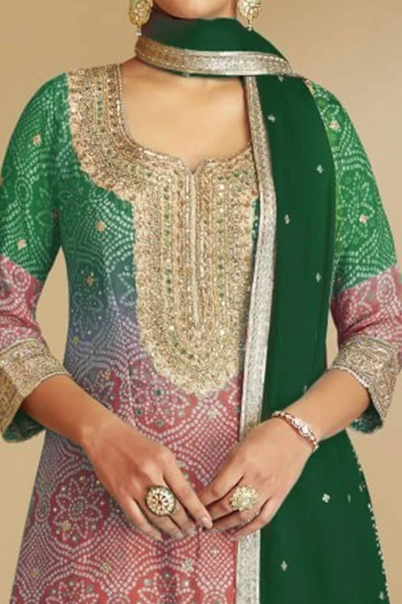 Embroidered Green Palazzo Kameez Traditional Indian Outfit Close-Up