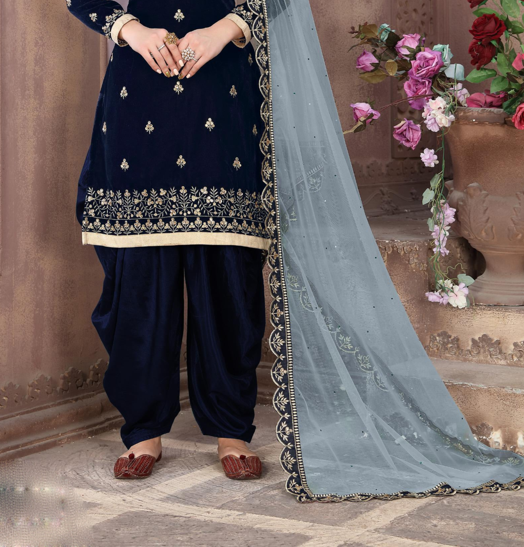 Punjabi Party Wear Heavy Embroidery Stone Work Velvet Patiyala Dupatta Suits