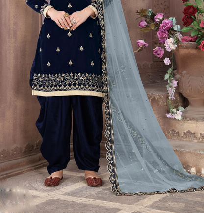 Punjabi Party Wear Heavy Embroidery Stone Work Velvet Patiyala Dupatta Suits